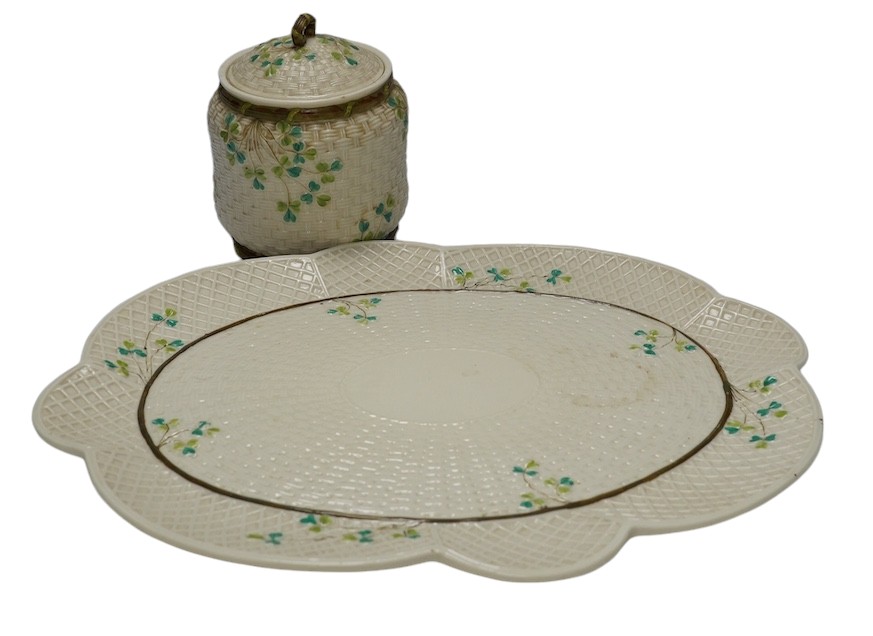 A Belleek cabaret tray and biscuit barrel with cover, clover decoration, 45cm. Condition - cover repaired